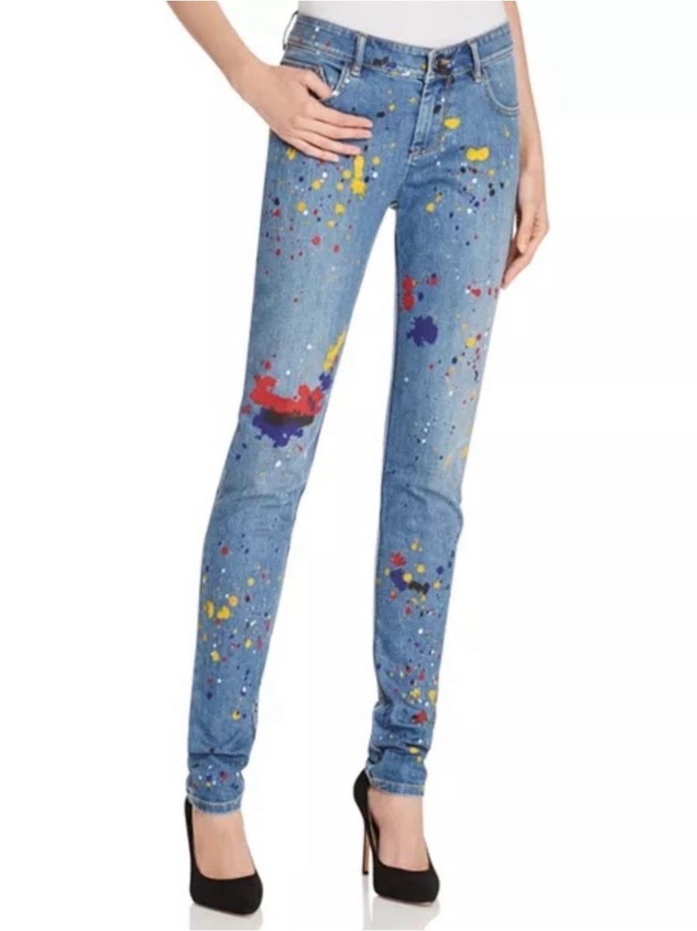 Alice + Olivia Joana Splatter Paint Raw Hem Skinny Jeans Medium Wash Size 27